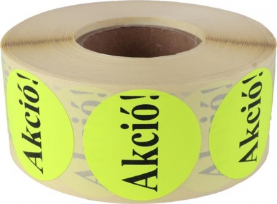 Etikett, 38 mm kör, "AKCIÓ" felirattal, 1000 etikett/tekercs, citromsárga
