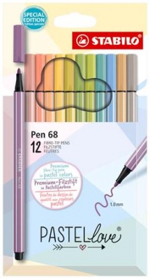Filctoll készlet, 1 mm, STABILO "Pen 68 Pastellove", 12 különböző szín